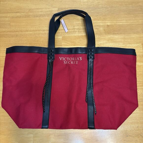 Victoria's Secret Tote Bag Canvas Red Studded‎ Tassels Fringe Getaway Large - Picture 1 of 15